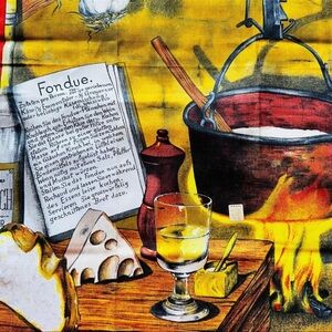 France: recipe for cheese fondue / vintage tea towel / wall hanging